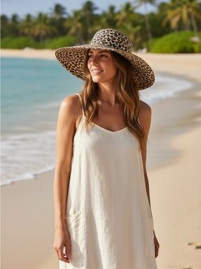 August Hats Leopard Print Straw Sun Hat | Wide Brim Natural Straw Blend